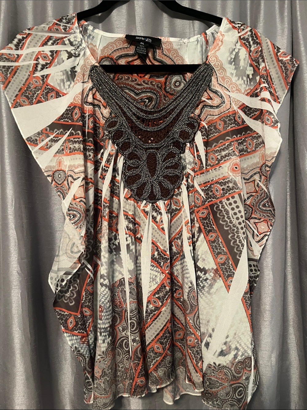 Style & Co. Orange, White & Gray Beaded Neck Blouse